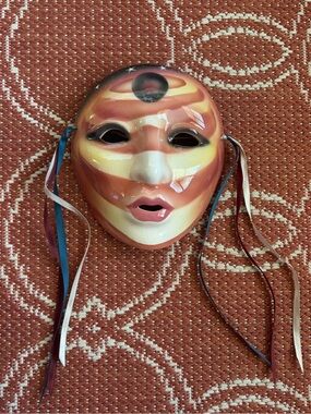 Hand-Painted Ceramic Face Mask with Ribbons — Sunset Stripes